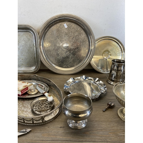 418 - A collection of vintage metalware to include serving trays, four piece C.B & S Ltd. tea set etc.