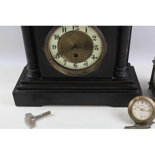 200 - Three mantel clocks, one Victorian ebonised, one Kienzle brass alarm and one Smiths brass 8 day lant... 