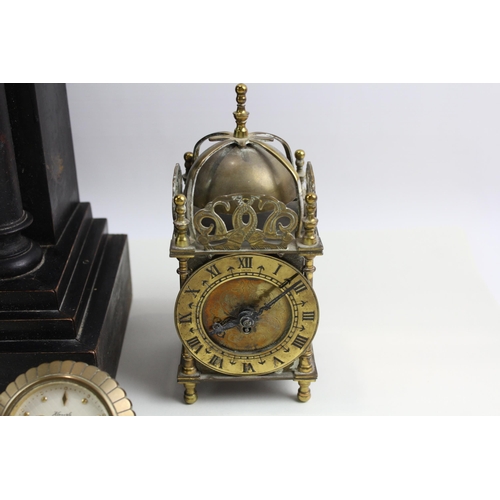 200 - Three mantel clocks, one Victorian ebonised, one Kienzle brass alarm and one Smiths brass 8 day lant... 