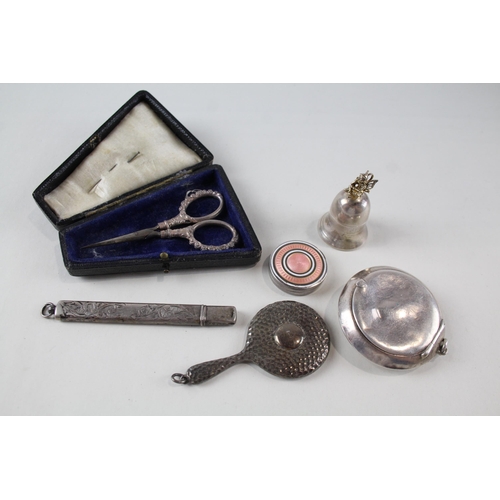 2227 - Six .925 silver vanity and haberdashery items to include guilloche enamel pill box, compact mirror, ... 