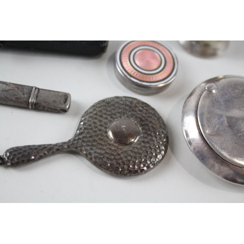 2227 - Six .925 silver vanity and haberdashery items to include guilloche enamel pill box, compact mirror, ... 