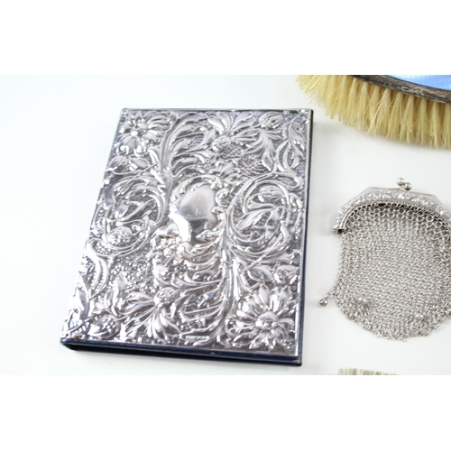 2234 - Five .925 silver items to include Art Deco blue guilloche enamel brush, address book, chainmail purs... 