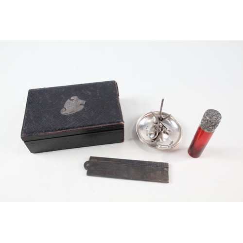 2241 - Four .925 silver lady's vanity items, one cranberry glass scent bottle with silver top, one leather ... 