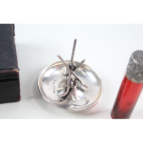 2241 - Four .925 silver lady's vanity items, one cranberry glass scent bottle with silver top, one leather ... 