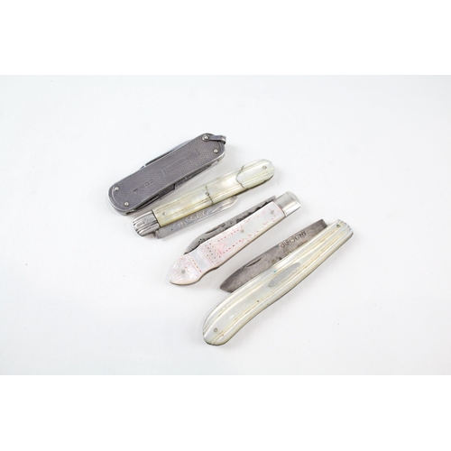 2256 - Four hallmarked sterling silver pocket knives, three mother of pearl handled and one silver handled ... 