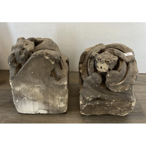 105 - Two medieval carved stone gargoyle corbels - largest approx. 39cm high x 25.5cm wide x 25.5cm deep