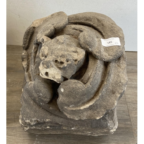 105 - Two medieval carved stone gargoyle corbels - largest approx. 39cm high x 25.5cm wide x 25.5cm deep