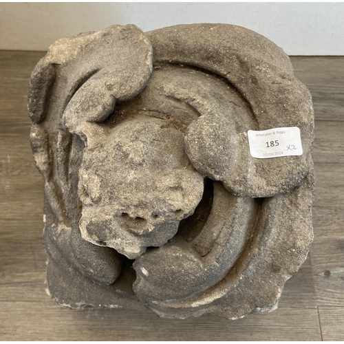 105 - Two medieval carved stone gargoyle corbels - largest approx. 39cm high x 25.5cm wide x 25.5cm deep