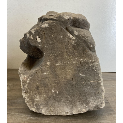 105 - Two medieval carved stone gargoyle corbels - largest approx. 39cm high x 25.5cm wide x 25.5cm deep