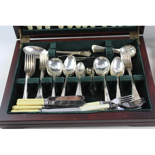 547 - Two wooden canteens of cutlery, one Elkington and one fish set