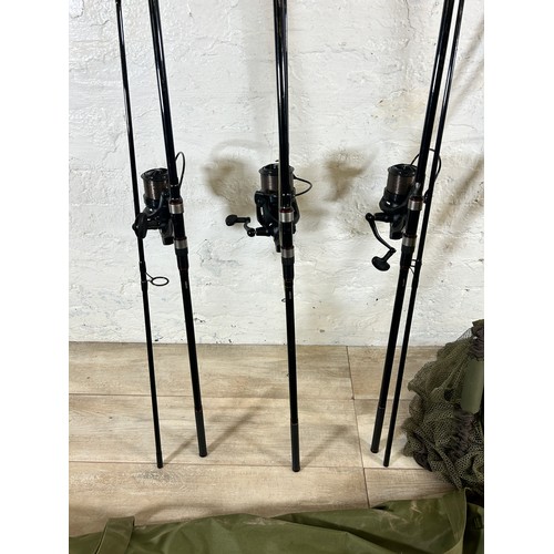 1009 - Five fishing items, Three Greys X-Flite 12' fishing rods with Daiwa Emblem 35 fishing reels, one Tra... 