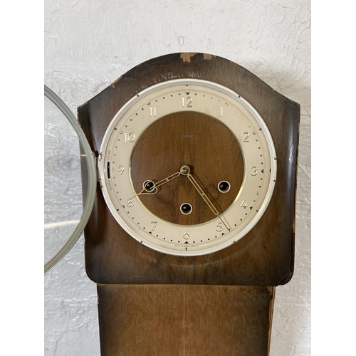 233 - Two clocks, one pine grandfather and one Smiths Westminster Chime granddaughter