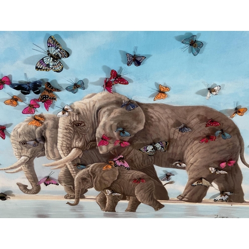 245 - A modern canvas print of elephants with 3D butterflies, signed lower left - approx. 120cm square