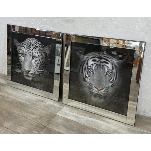 259 - Two modern mirror framed big cat prints - approx. 86cm square