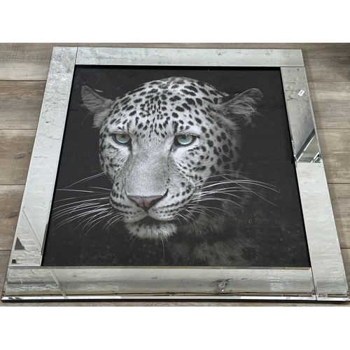 259 - Two modern mirror framed big cat prints - approx. 86cm square