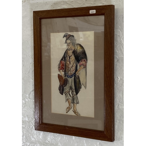 261 - A mid/late 20th century oak framed oriental style watercolour of a gentleman - approx. 52cm high x 3... 