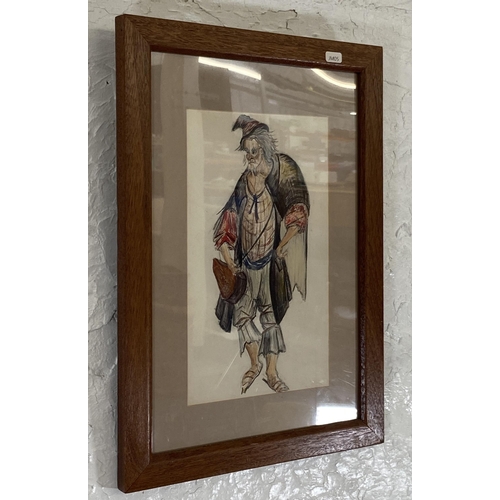 261 - A mid/late 20th century oak framed oriental style watercolour of a gentleman - approx. 52cm high x 3... 