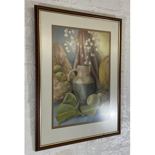 270 - A late 20th century framed watercolour still life of vase and fruit scene - approx. 76cm high x 55cm... 