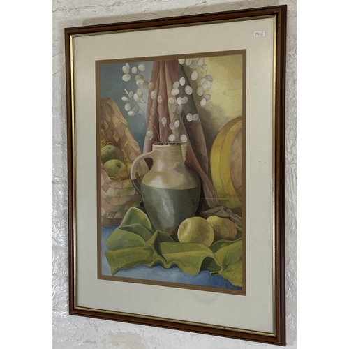 270 - A late 20th century framed watercolour still life of vase and fruit scene - approx. 76cm high x 55cm... 