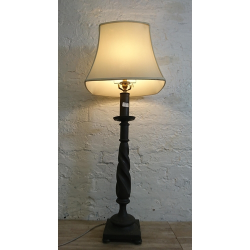 118 - A grey painted brass barley twist table lamp on footed base - approx. 73cm high (excluding shade)