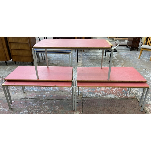 120 - Five mid 20th century red laminate and tubular metal school desks - each approx. 55cm high x 110cm l... 