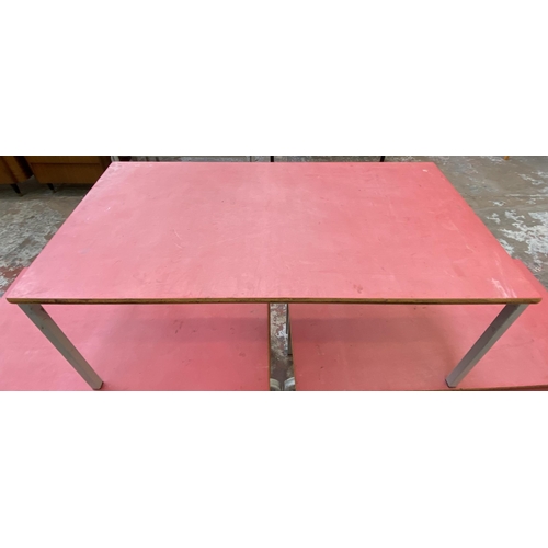 120 - Five mid 20th century red laminate and tubular metal school desks - each approx. 55cm high x 110cm l... 