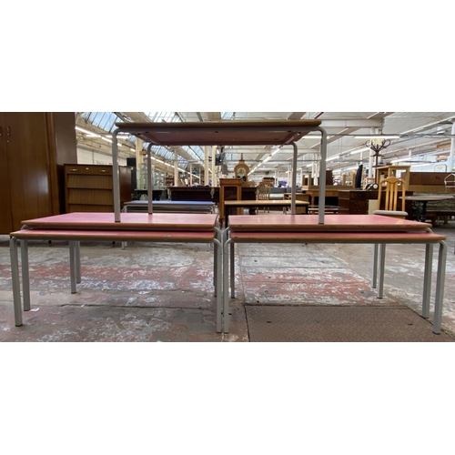 120 - Five mid 20th century red laminate and tubular metal school desks - each approx. 55cm high x 110cm l... 