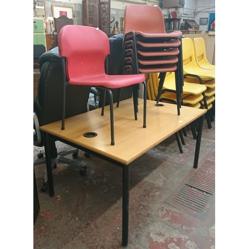 127 - Seven pieces of furniture, five mid/late 20th century Restall red plastic and tubular metal stacking... 