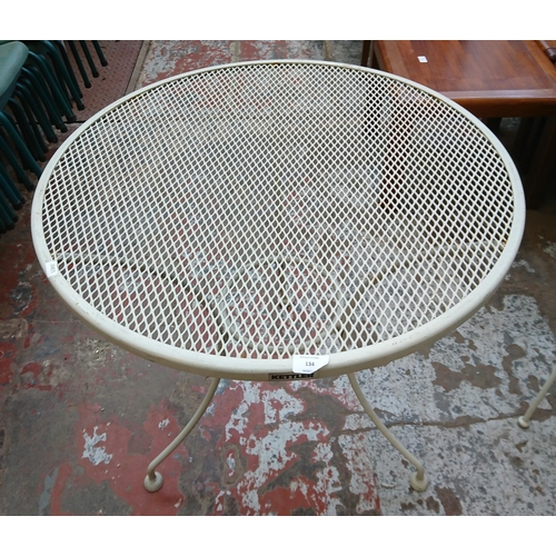 134 - A modern white metal three piece patio set comprising circular table and two armchairs - table appro... 