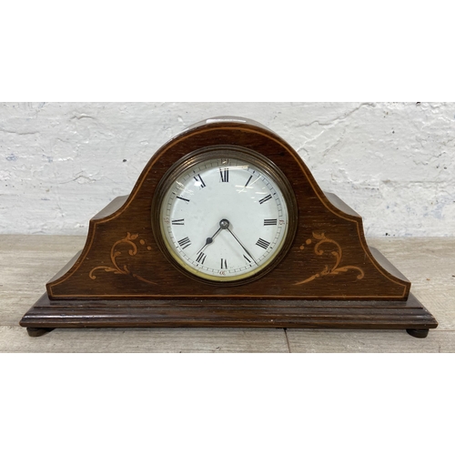 19 - Three mantel clocks, one Edwardian inlaid oak cased with white enamel face, one 1930s Smiths walnut ... 