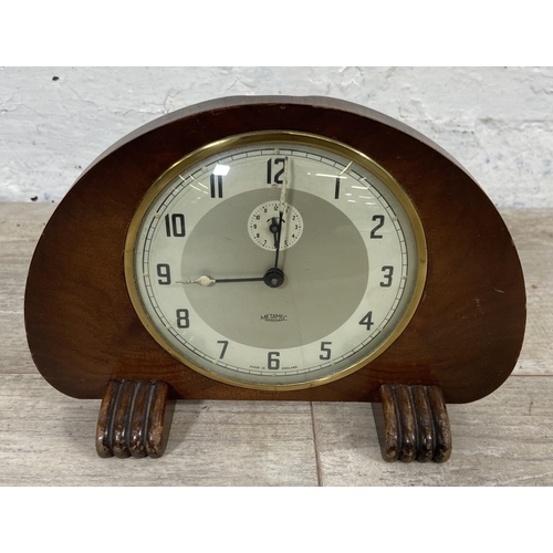 19 - Three mantel clocks, one Edwardian inlaid oak cased with white enamel face, one 1930s Smiths walnut ... 