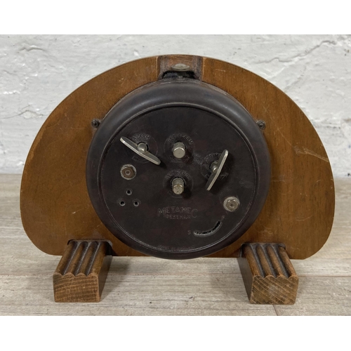 19 - Three mantel clocks, one Edwardian inlaid oak cased with white enamel face, one 1930s Smiths walnut ... 