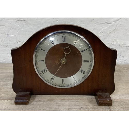 19 - Three mantel clocks, one Edwardian inlaid oak cased with white enamel face, one 1930s Smiths walnut ... 