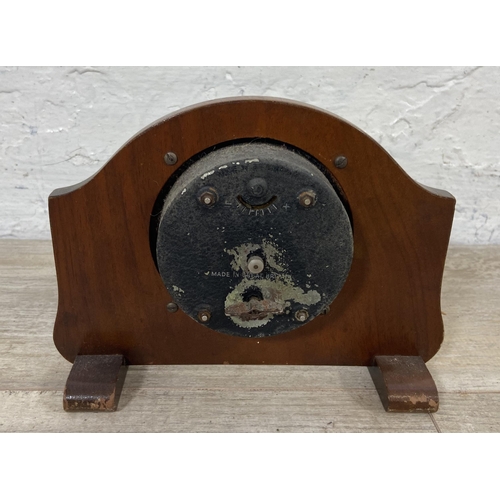 19 - Three mantel clocks, one Edwardian inlaid oak cased with white enamel face, one 1930s Smiths walnut ... 