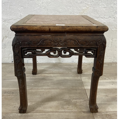 2 - A Chinese carved hardwood and marble side table - approx. 48cm high x 42cm wide x 42cm deep