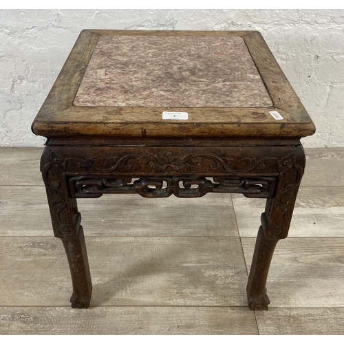 2 - A Chinese carved hardwood and marble side table - approx. 48cm high x 42cm wide x 42cm deep