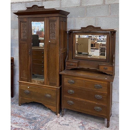 21 - A late Victorian carved oak two piece bedroom suite comprising dressing chest with upper bevelled ed... 