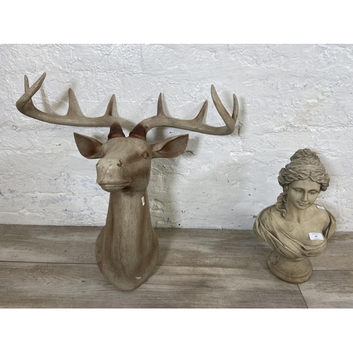 22 - Two resin items, one 19th century style lady bust - approx. 40cm high and one stag head wall mountab... 