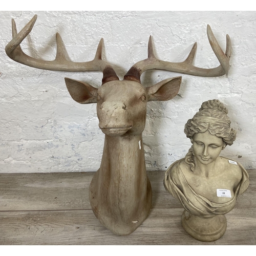 22 - Two resin items, one 19th century style lady bust - approx. 40cm high and one stag head wall mountab... 