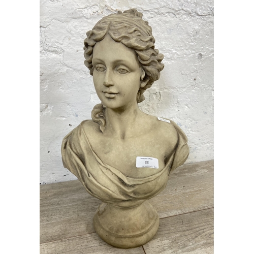 22 - Two resin items, one 19th century style lady bust - approx. 40cm high and one stag head wall mountab... 