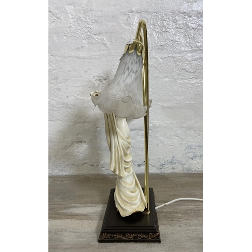 26 - A resin violin player figural table lamp with two mottled glass shades - approx. 52cm high