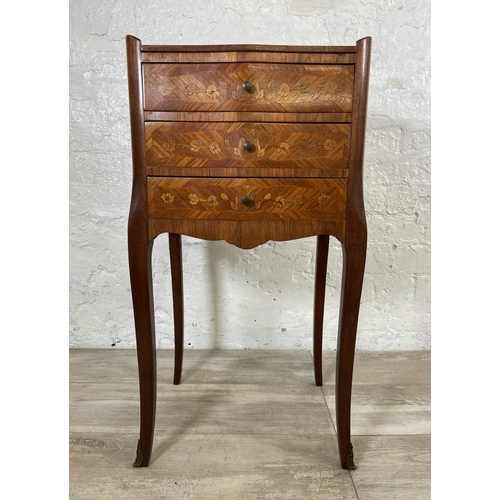 3 - A French Louis XV style inlaid kingwood effect and mahogany bedside chest of drawers - approx. 74cm ... 