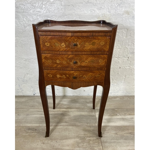 3 - A French Louis XV style inlaid kingwood effect and mahogany bedside chest of drawers - approx. 74cm ... 