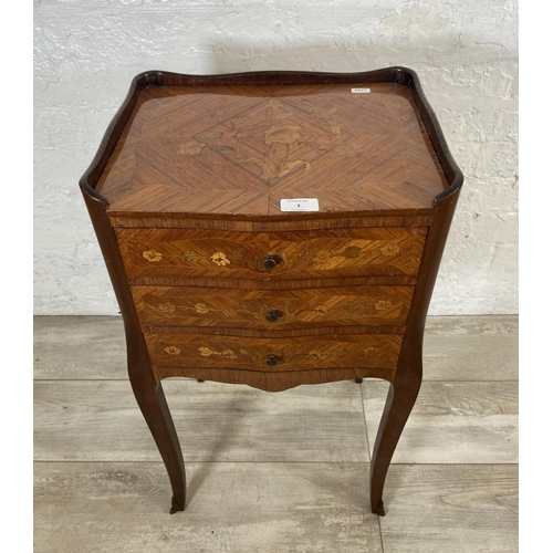 3 - A French Louis XV style inlaid kingwood effect and mahogany bedside chest of drawers - approx. 74cm ... 