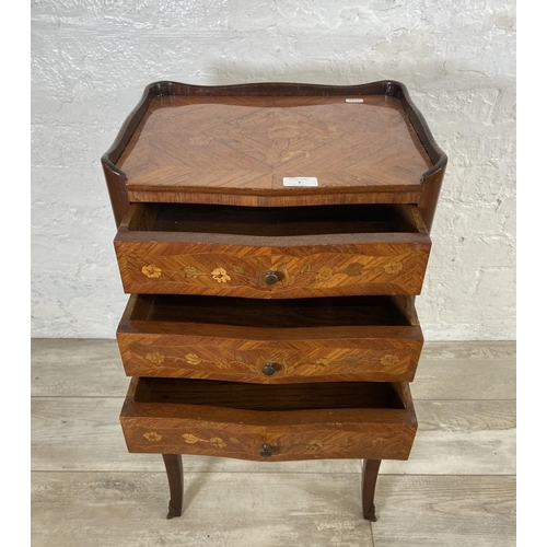 3 - A French Louis XV style inlaid kingwood effect and mahogany bedside chest of drawers - approx. 74cm ... 