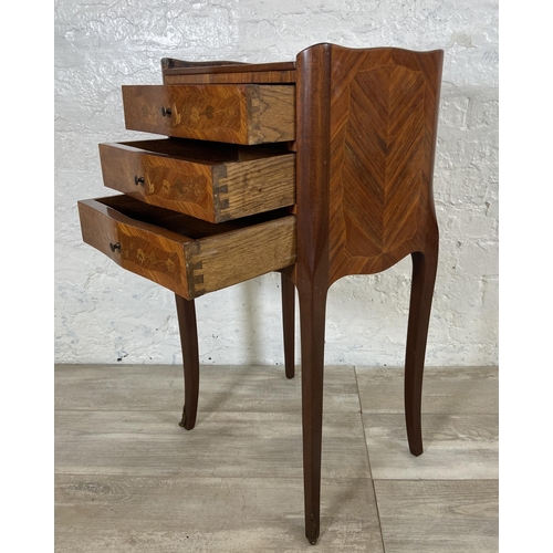 3 - A French Louis XV style inlaid kingwood effect and mahogany bedside chest of drawers - approx. 74cm ... 