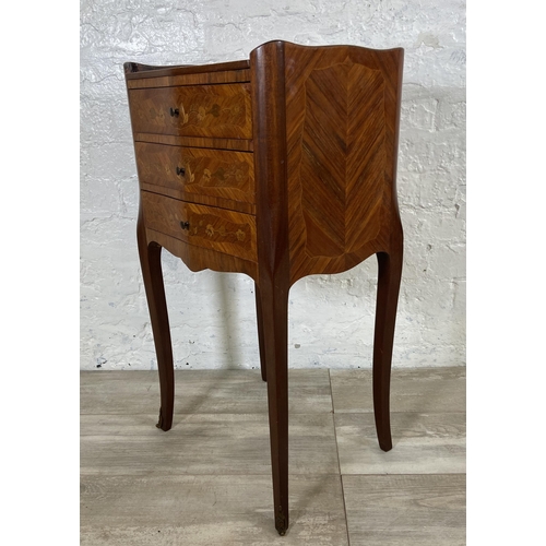 3 - A French Louis XV style inlaid kingwood effect and mahogany bedside chest of drawers - approx. 74cm ... 