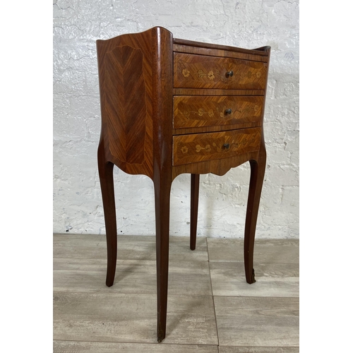 3 - A French Louis XV style inlaid kingwood effect and mahogany bedside chest of drawers - approx. 74cm ... 