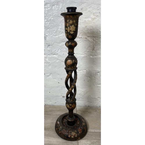 4 - An Indian Kashmiri hand painted and lacquered wooden barley twist candlestick table lamp - approx. 5... 