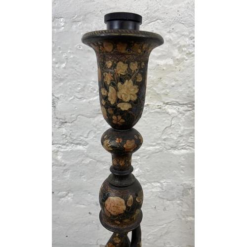 4 - An Indian Kashmiri hand painted and lacquered wooden barley twist candlestick table lamp - approx. 5... 